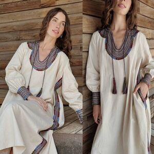 MI GOLONDRINA Beatriz Long Dress Beatriz Beige y Azul Midi Dress L NWT